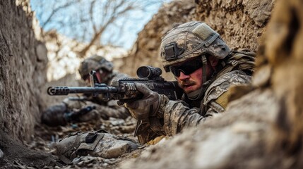 Fototapeta premium Soldier Combat Operation Desert Ambush, Military Weapon, Army Gear