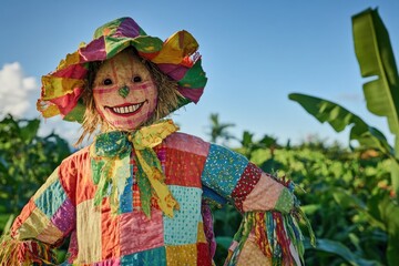 Scarecrow dressed in a colorful patchwork costume standing in a cornfield, surrounded by tall yellow ears of corn