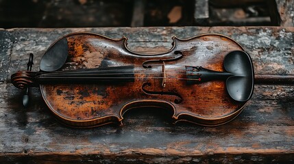 A weathered violin rests on a rustic wooden surface