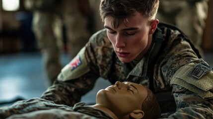 Fototapeta premium Military Medic Training Combat Casualty, Practicing CPR, Care Simulation