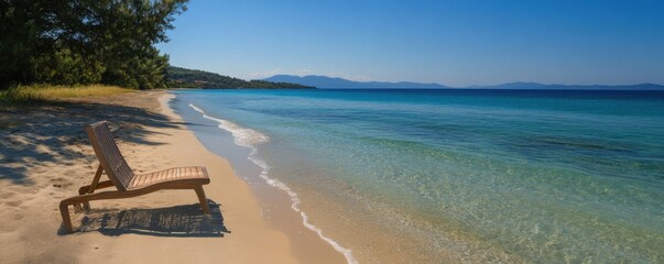 The sun lounger stands on a sandy beach at the water's edge. Wallpaper, background, poster, banner
