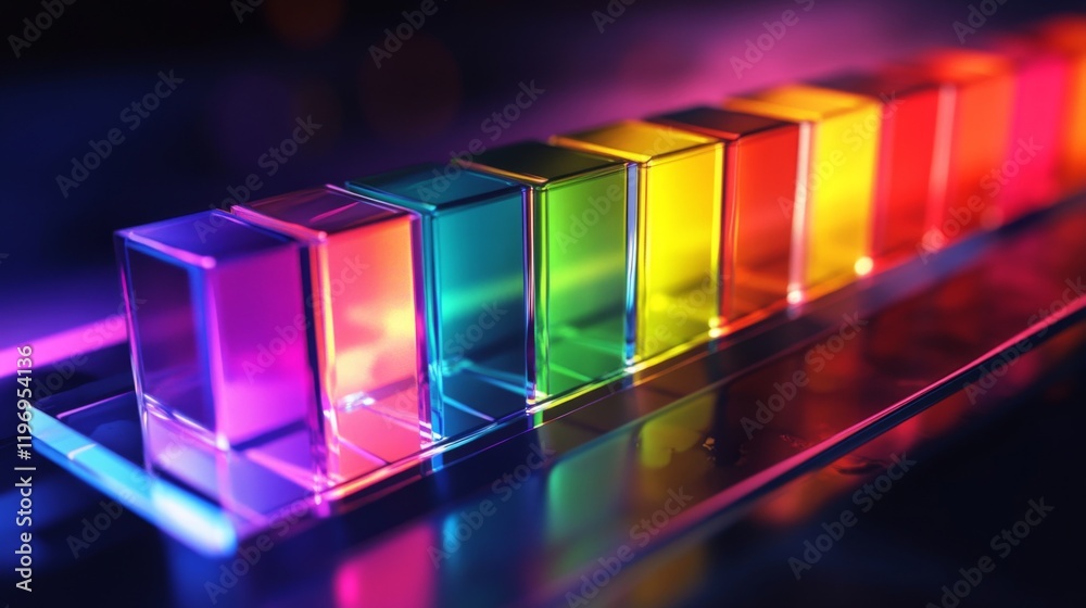 Aufkleber D bar graph with vibrant colors, arranged in ascending order on a transparent glass base, with soft ambient lighting