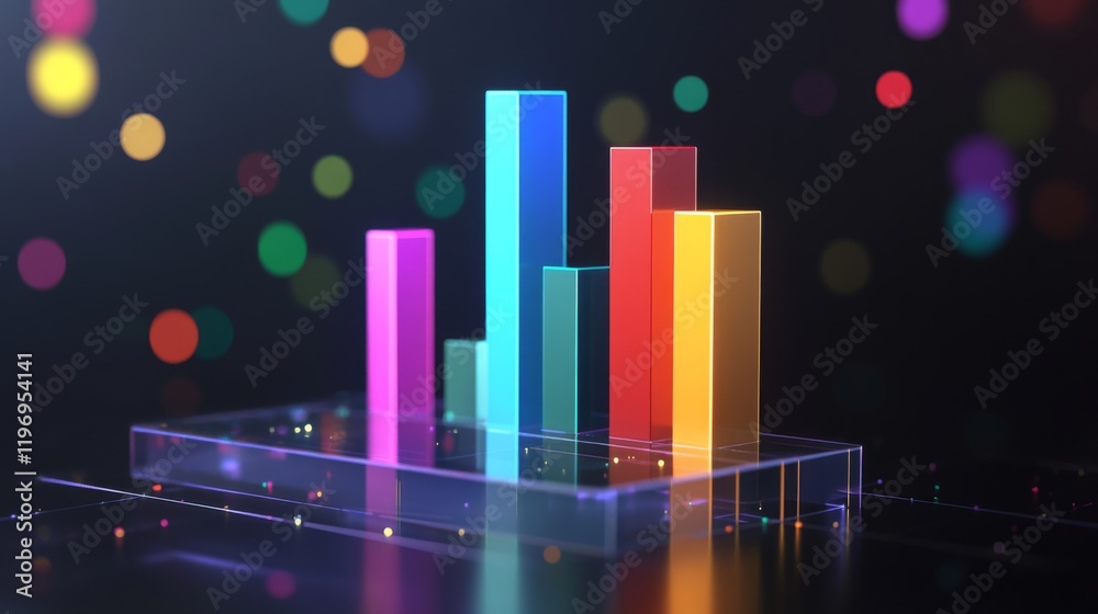 Poster d bar graph with vibrant colors, arranged in ascending order on a transparent glass base, with soft 
