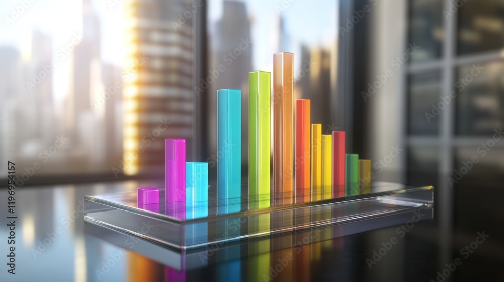 Poster d bar graph with vibrant colors, arranged in ascending order on a transparent glass base, with soft 
