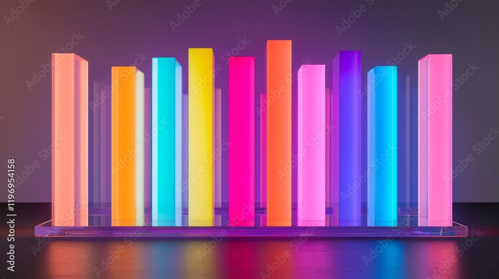 Poster d bar graph with vibrant colors, arranged in ascending order on a transparent glass base, with soft 