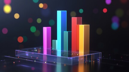 D bar graph with vibrant colors, arranged in ascending order on a transparent glass base, with soft ambient lighting