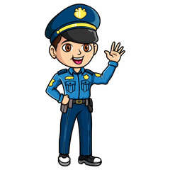 Cartoon smiling policeman waving hand
