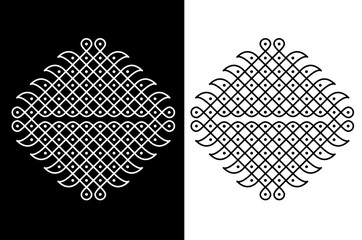Beautiful Rangoli or Kolam design line drawing isolated on black and white background - vector illustration