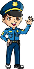 Cartoon smiling policeman waving hand
