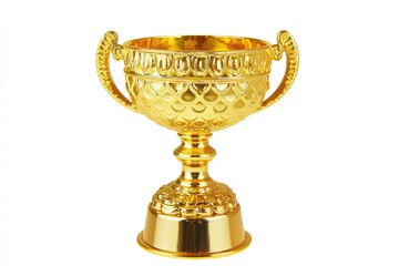A shiny gold trophy cup sitting on a clean white background