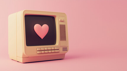 vintage computer monitor with a glowing pink heart displayed on its screen, set against a pink background