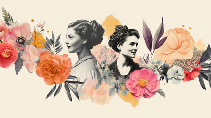 A vibrant collage blending vintage-style photographs of women with colorful floral arrangements on pastel backgrounds. International Women's day