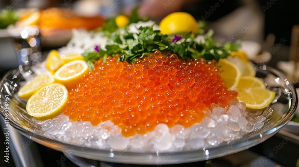 Poster an artistic representation of salmon roe served on a bed of ice, garnished with lemon slices and fre