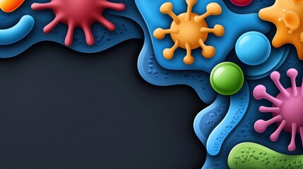 A colorful, abstract design featuring various shapes resembling bacteria or germs on a dark background.