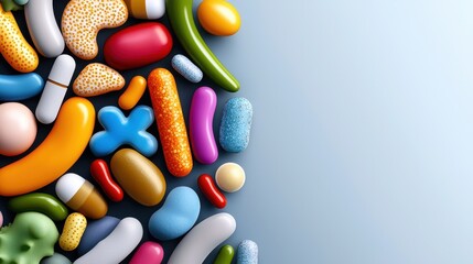A colorful assortment of pills and capsules scattered against a soft gradient background, showcasing various shapes and sizes.