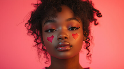 Obraz premium A close-up portrait of a young woman with dark curly hair, glowing skin, and heart-shaped makeup on her cheeks on soft pink background