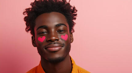 A cheerful portrait of a young African man with two pink heart stickers on his cheeks, set against a soft pink background