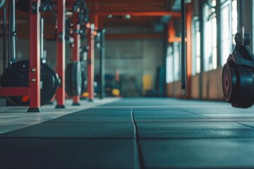 Fototapeta premium Weights and equipment in a modern gym during the early morning hours