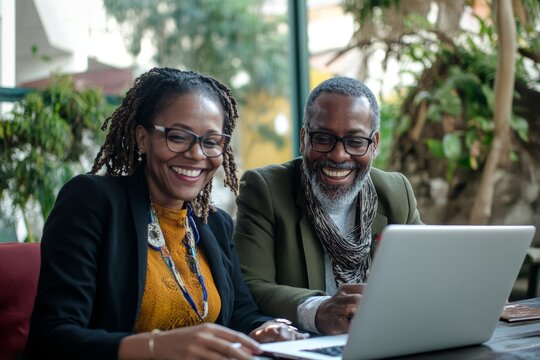 Two smiling diverse businesspeople using a laptop together at work, Generative AI