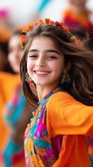 Fototapeta premium Joyful young girl in vibrant traditional attire celebrates cultural heritage with a bright smile and happy spirit