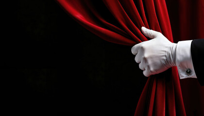 A gloved hand gently opens a rich red velvet curtain on black backdrop, a moment of excitement, hinting at a captivating performance ahead. World theatre day. Copy space. Show bill banner template