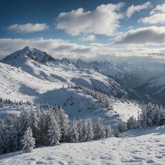 Fototapeta premium A breathtaking panorama of a mountain plateau, blanketed in fresh snow, under a gentle white sky with soft clouds drifting by.