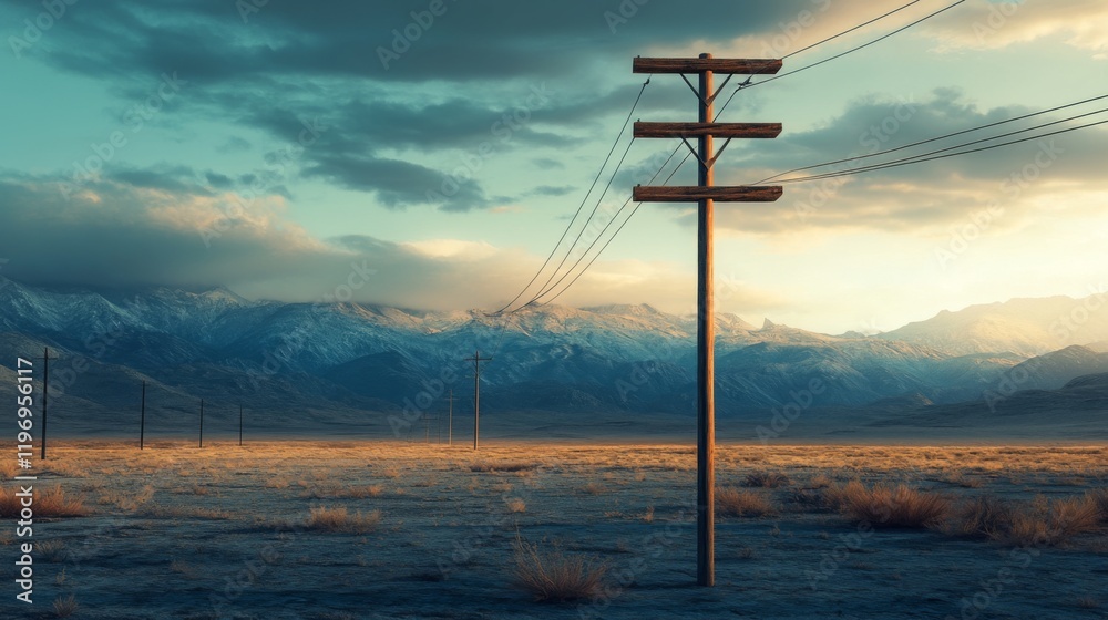 Poster an isolated utility pole in a barren landscape, emphasizing its role in providing power amidst a vas