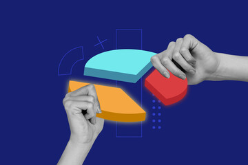 Composite art 3d creative image collage of hands hold element diagram statistics development...