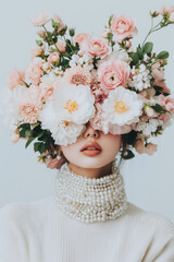 portrait of a woman adorned with fresh white and pastel flowers and pearls covering her face. minimalist background