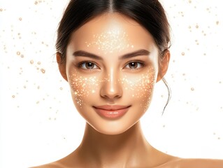 Beautiful Asian woman with glowing skin and minimalist style, showcasing healthy skincare, isolated on pure white
