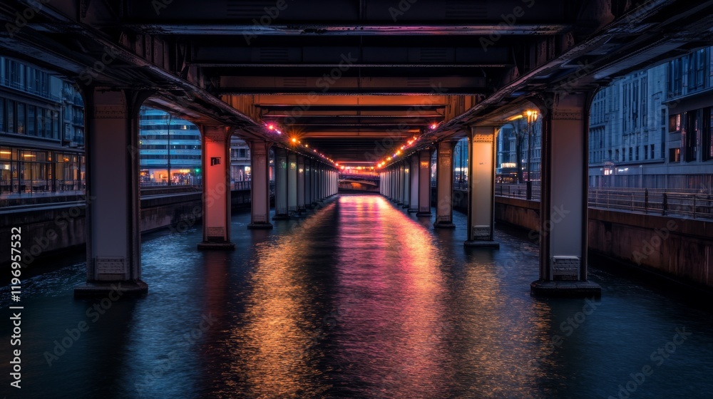 Poster a beautifully illuminated river bridge at night, with colorful lights reflecting on the calm water b