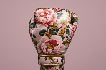 pink boxing gloves adorned with intricate floral designs in a vintage tattoo style. The gloves are set against a soft pastel pink background