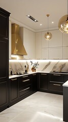 A modern and elegant kitchen showcasing sleek black and white cabinetry, luxurious gold fixtures, and marble flooring.