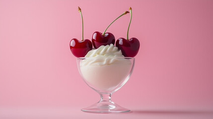A vibrant studio photograph of a dessert with whipped cream and two heart-shaped cherries in a clear glass bowl, set against a soft pink background