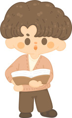 happy young man teacher teaching at school pointing up and holding book. brown hair employee presenting project. Online tutor character illustration. professor at university  