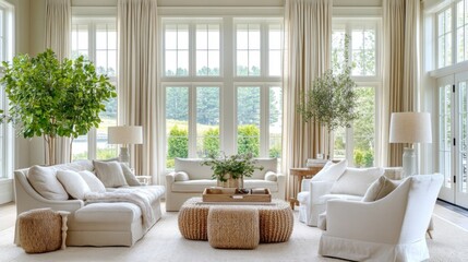 A bright and airy living room with large windows, showcasing a minimalist design with neutral tones, greenery, and tasteful decorations