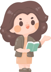 happy young woman teacher teaching at school pointing up and holding book. brown hair employee presenting project. Online tutor character illustration. professor at university  