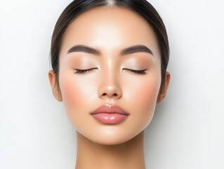 Obraz premium Graceful Asian woman with flawless glowing skin, looking serene, representing beauty and skincare, white isolated background