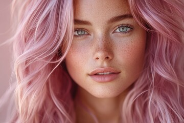 Naklejka premium A close-up shot of a woman with bright pink hair, looking directly at the camera