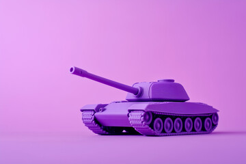 A minimalistic image of a purple toy tank placed on a monochromatic purple background