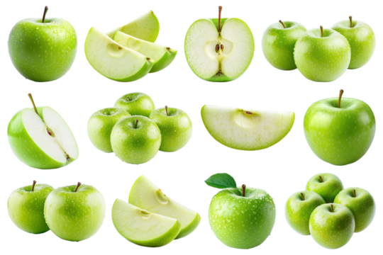 PNG green apple fruit design element set, transparent background