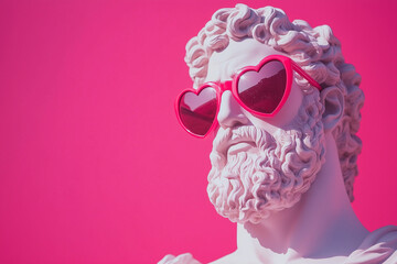 white marble sculpture of a classical Greek god wearing red heart-shaped sunglasses, set against a soft pink background