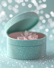 Turquoise round box with glitter, a light pink flower inside the lid of the gift box, on a light turquoise background with bokeh lights. Valentine's Day or Mother's day wallpaper