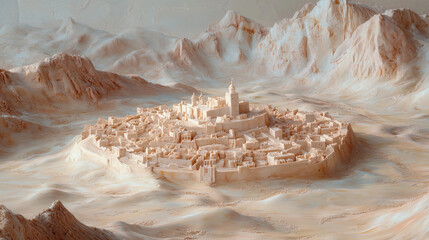 ancient city, surrounded by mountainous terrain, carved sculpture or parchment map
