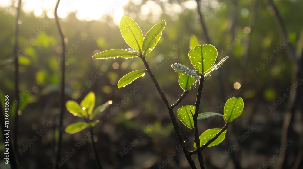 Aufkleber a close-up of mangrove leaves with water droplets, capturing the details of their texture and color 