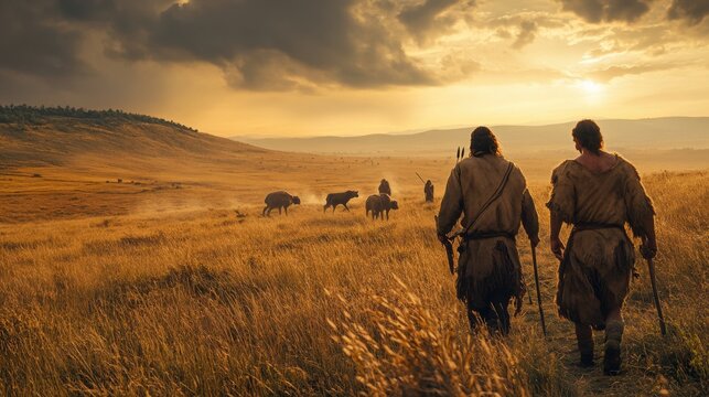 Prehistoric Hunters Sunset Journey Bison Grassland Ancient Spears