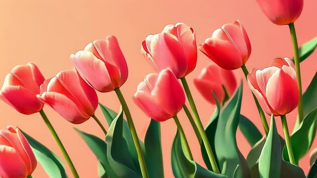 Tulips swaying gently sunrise.Vibrant red highlighted morning.Serene flowerbed early light.Flora thriving outdoor spring setting.Fresh blooming.Peaceful garden scene daybreak.
