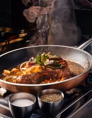 Fototapeta premium Cooking a delicious main course in the restaurant kitchen