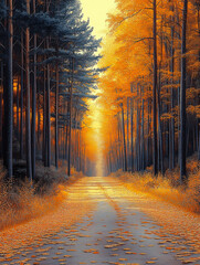 Oil painting landscape - colorful autumn forest