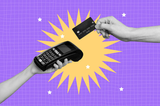 Contemporary trend art collage of hands hold pos terminal credit card contactless cashless payment transaction nfc ecommerce income